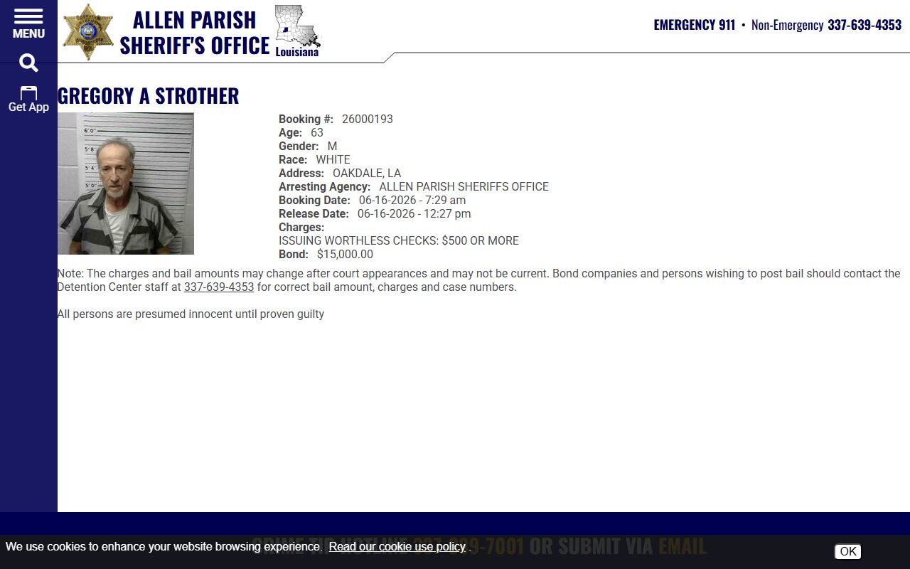 Allen Parish County inmate record profile with booking photo and charge fields