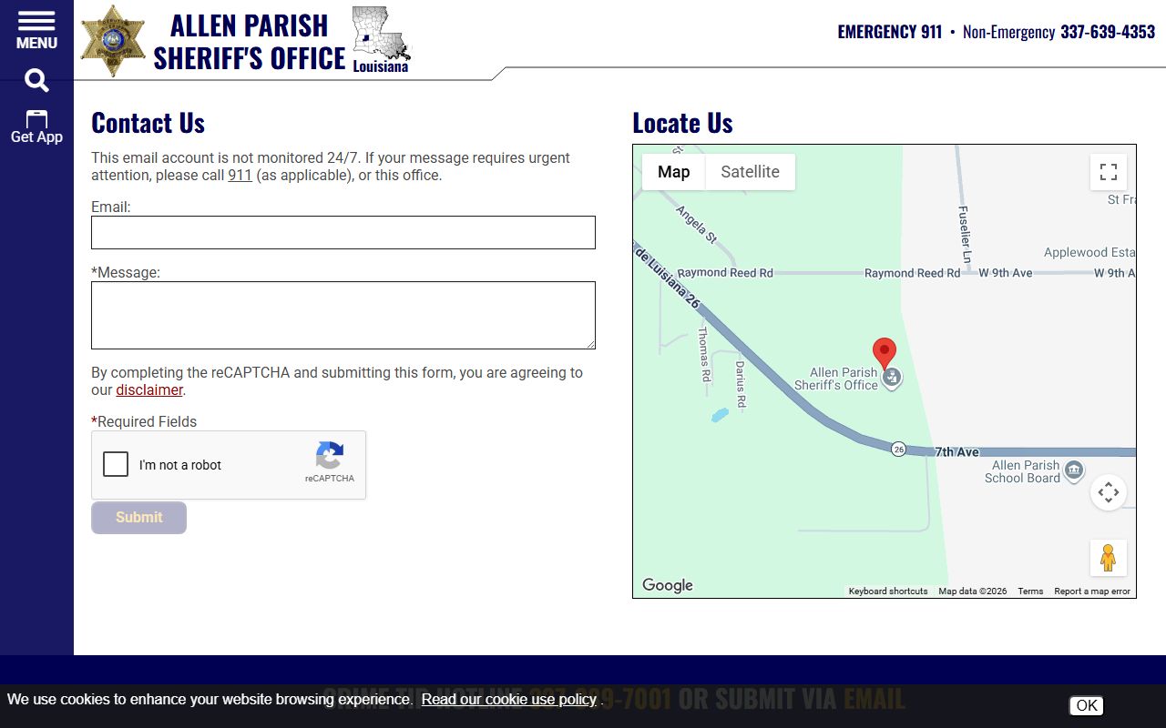 Allen Parish Public Safety Complex jail contact page for inmate records