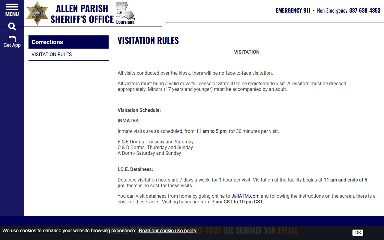 Allen Parish Jail visitation schedule for inmate dorms and ICE detainees
